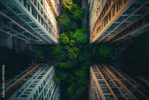 Vibrant greenery breaks through concrete structures, showcasing nature's resilience and a shift towards sustainable living in cities. Generative AI #1073963906