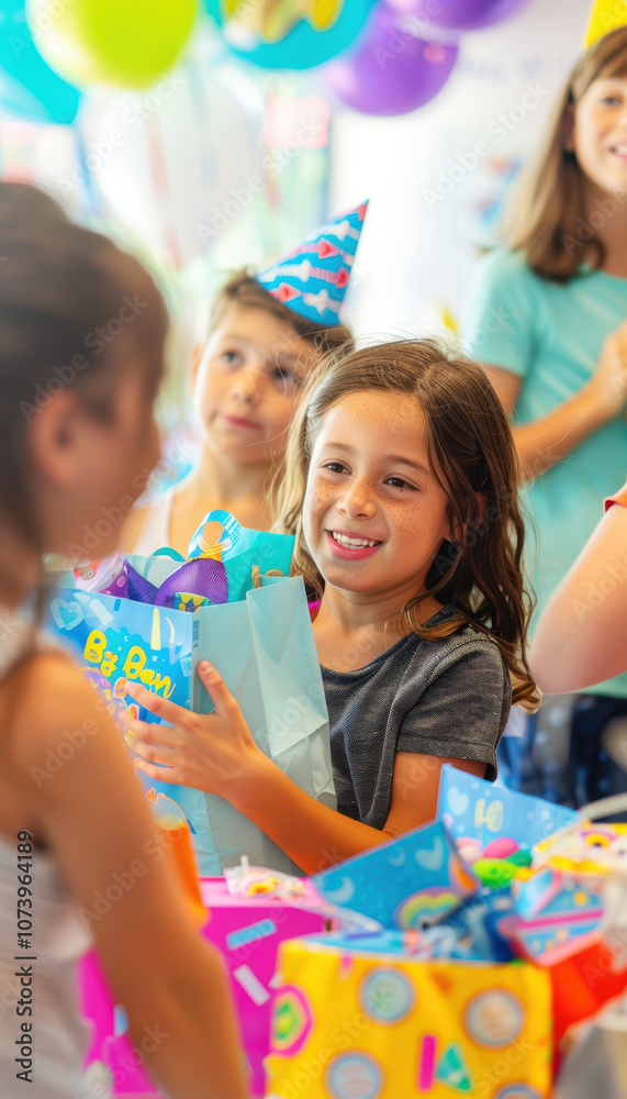 Fototapeta premium Joyful Birthday Party Celebration with Kids Opening Gift Bags Amid Festive Decor