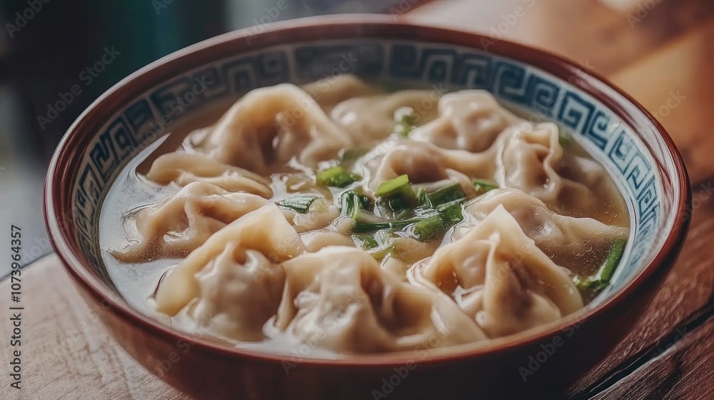 Steaming Bowl of Wonton Soup with Fresh Green Onions Steaming Bowl of Wonton Soup with Fresh Green Onions