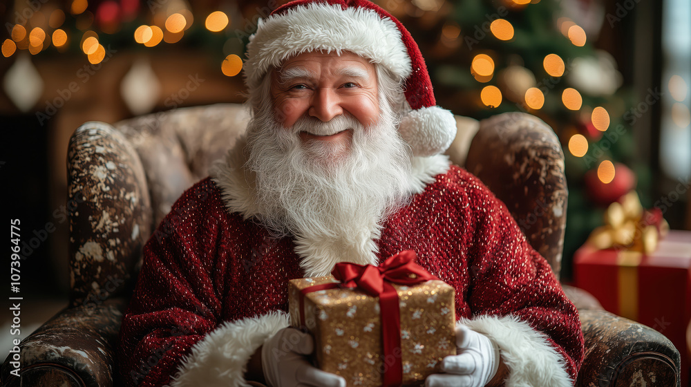 Santa Claus Sitting in a Cozy Chair Holding a Gift Wrapped in Festive Paper and Red Bow with Christmas Tree Lights in the Background Santa Claus Sitting in a Cozy Chair Holding a Gift Wrapped in Festive Paper and Red Bow with Christmas Tree Lights in the Background