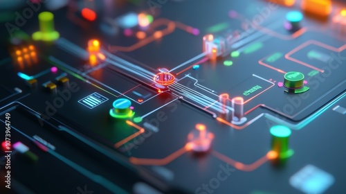 Close-up of a digital circuit board with neon elements and glowing nodes.