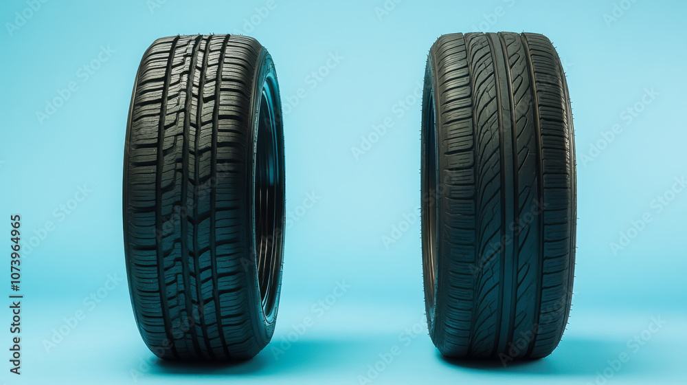 Display of a high-performance tire and an all-terrain tire against a vibrant blue background showcasing their tread patterns and designs Display of a high-performance tire and an all-terrain tire against a vibrant blue background showcasing their tread patterns and designs