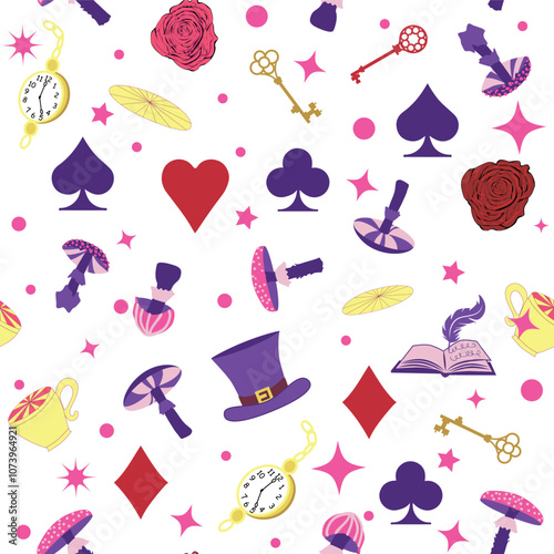 Wonderland pattern elements rabbit, Cheshire cat, flamingo cards hat cup and mushrooms and clock