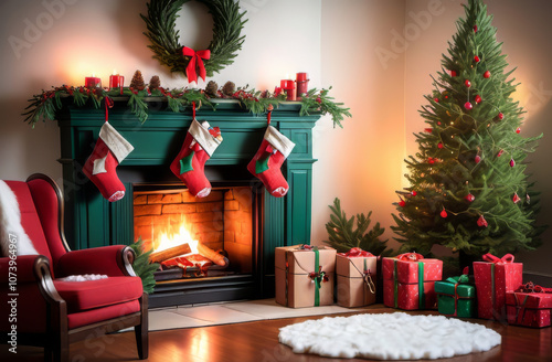 A bright and cozy Christmas living room featuring a beautifully decorated fireplace. Traditional red and white stockings hang neatly above the mantle, surrounded by fresh evergreen garlands, red candl photo