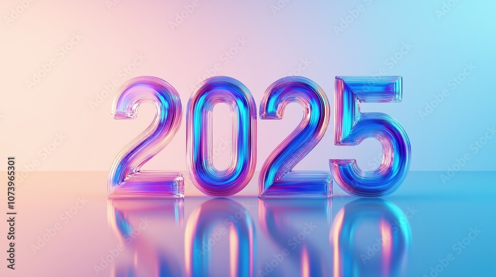 Vibrant Glass Number 2025 in Blue and Pink Light on Reflective Surface with Soft Gradient Background Vibrant Glass Number 2025 in Blue and Pink Light on Reflective Surface with Soft Gradient Background