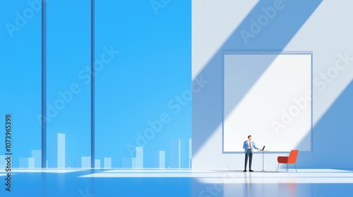 Businessman standing in modern office with laptop and red chair, large empty wall for copy space.