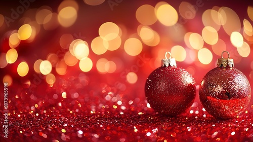 Vibrant red background with holiday decor, glittering gold ornaments and twinkling lights.