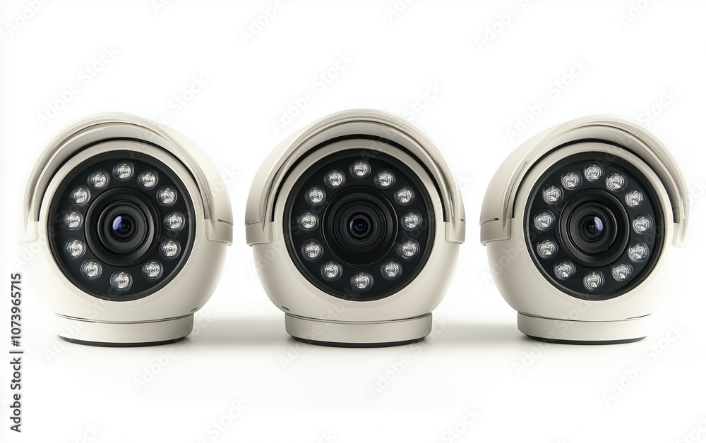 Three Modern Security Cameras in a Row Highlighting Surveillance Technology and Home Security Three Modern Security Cameras in a Row Highlighting Surveillance Technology and Home Security