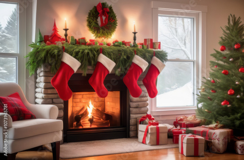 Bright and Cozy Christmas Fireplace with Stockings, Wreath, and Holiday Decorations. photo