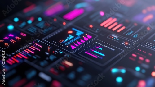 Digital data analytics dashboard interface with colorful charts and graphs on dark background.