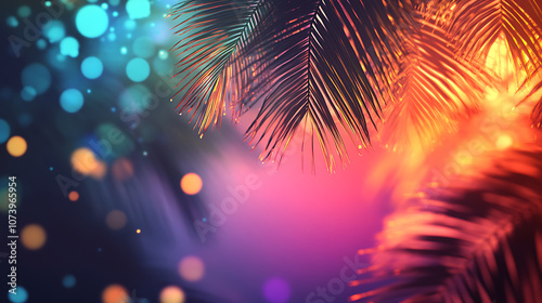 A vibrant holographic image of palm trees swaying in the breeze, with a backdrop of a sunny sky and colorful clouds