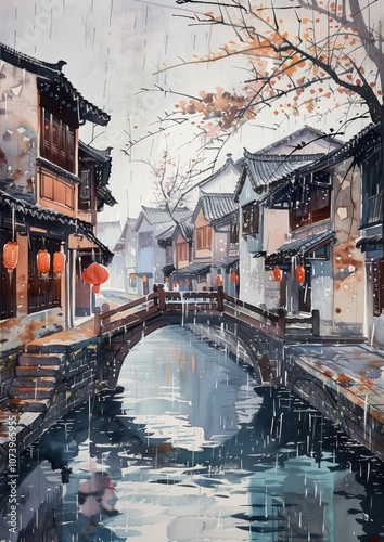 Charming Watercolor Illustration of Charming Traditional Chinese Water Town Architecture with Bridge and Lanterns in a Serene Rainy Autumn Setting