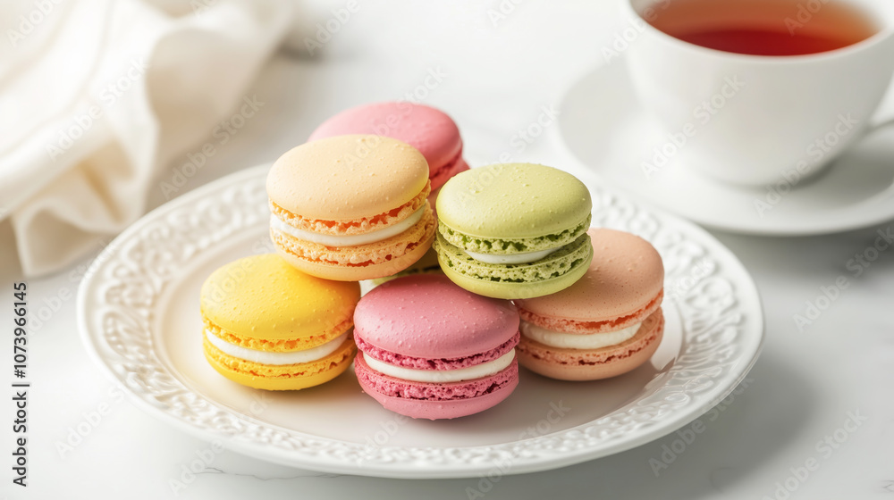 Colorful macarons on elegant plate with cup of tea