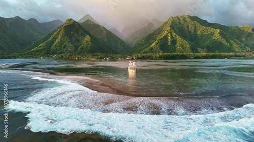 Drone Tahiti. tropical island lagoon, coastal mountains. Aerial view of French Polynesia. Teahupoo is a famous surfing destination near Papeete. Adventure travel. 