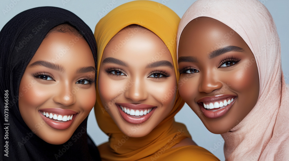 Diverse group of women in colorful hijabs smiling together Diverse group of women in colorful hijabs smiling together