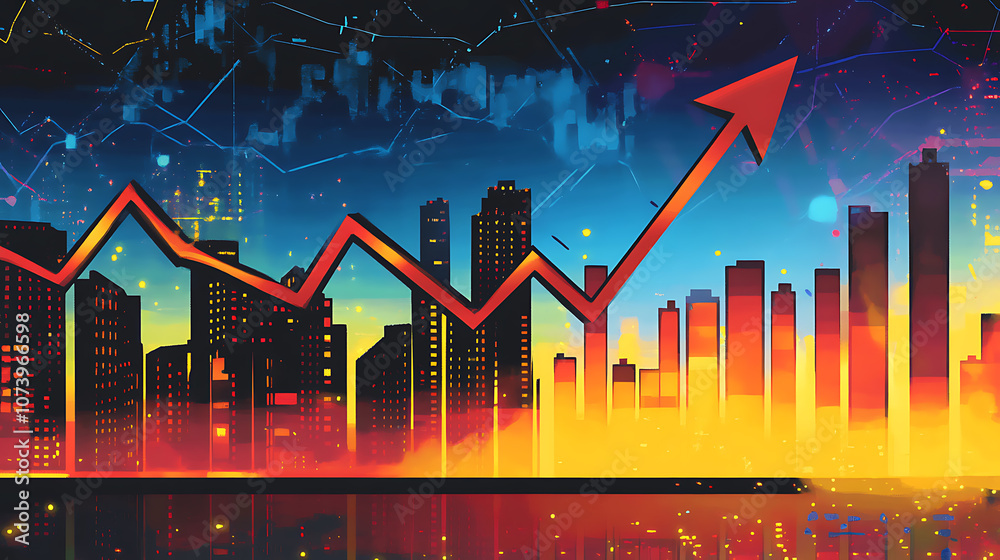 Naklejka premium An upward arrow and stock market graph with a city background, symbolizing business growth or financial success