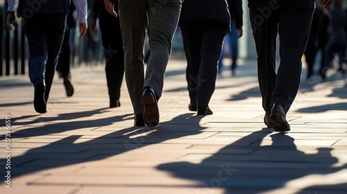 Business people walking in urban street with shadows on pavement. Corporate lifestyle and commute concept