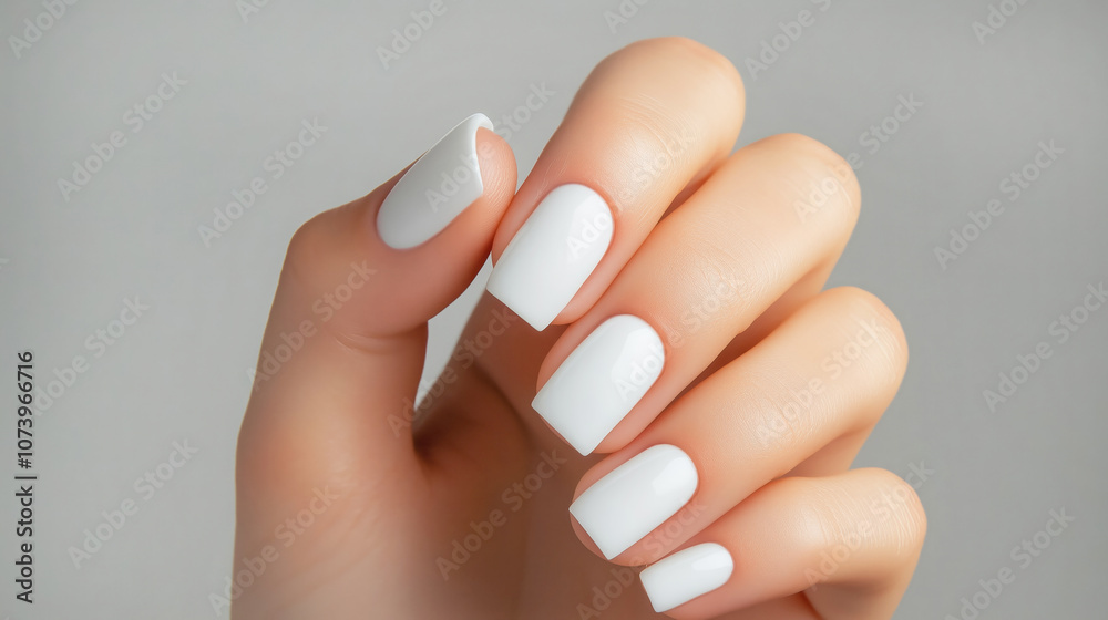 Elegant white manicure on hand with square-shaped nails Elegant white manicure on hand with square-shaped nails