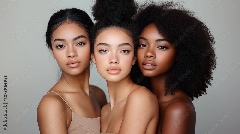 Three women with different skin tones, studio photo Three women with different skin tones, studio photo