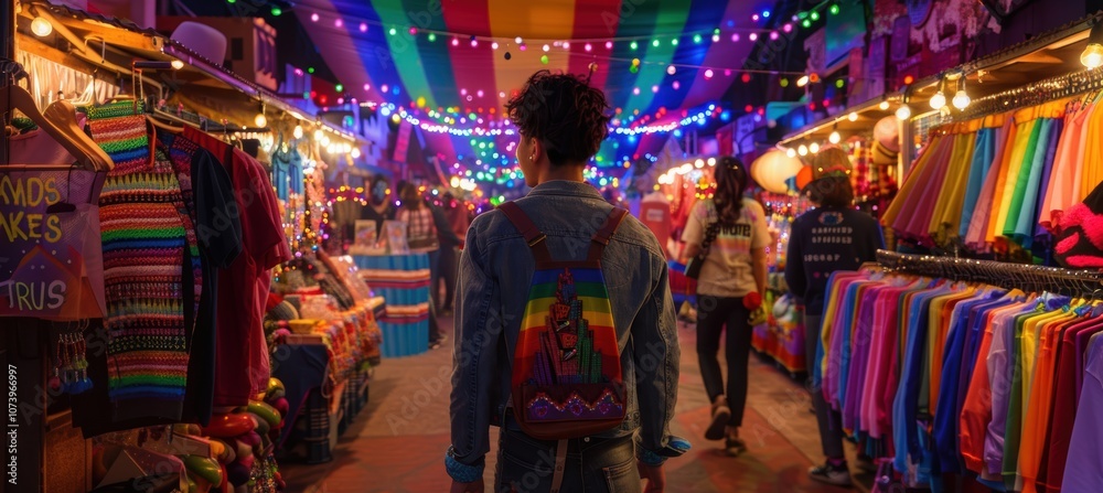 Obraz premium Night Market Celebration: Vibrant Pride Theme with LGBTQ Merchandise in Rainbow Lights