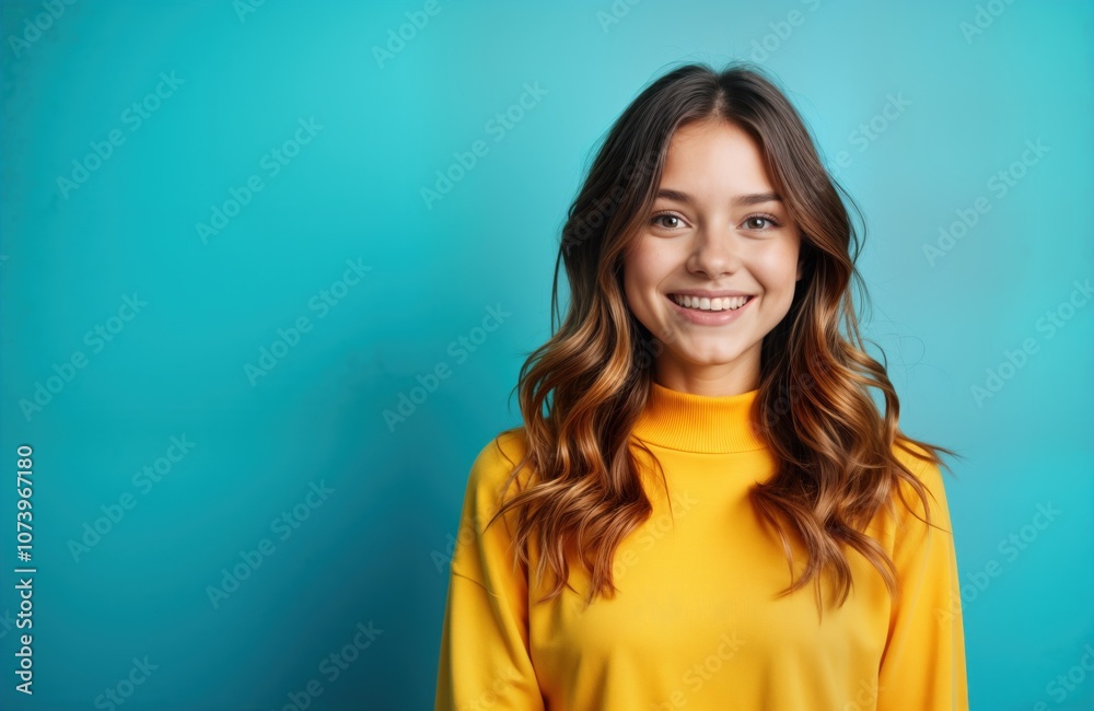 Young woman in yellow sweater smiles at camera. Happy female with brown hair poses against blue background. Pretty girl is looking at viewer, portrait for fashion, beauty blog, social media content.