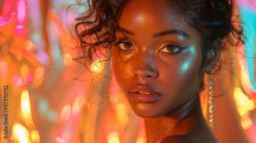 Close-up of an African American woman with curly hair, glowing skin, and intense gaze. Neon pink, orange, and blue bokeh lighting creates a vibrant and captivating background