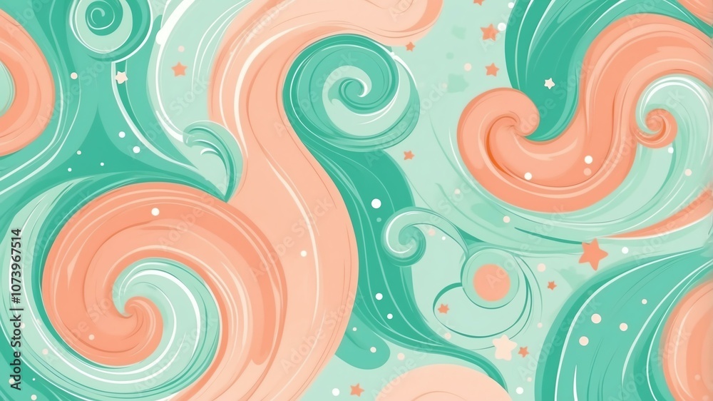 Cute peach and mint green swirls with stars background Cute peach and mint green swirls with stars background
