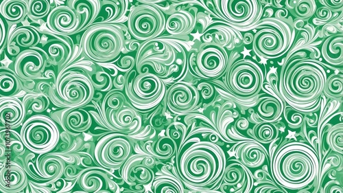 Cute green and white swirls with stars background