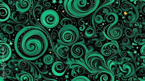 Cute green and black swirls with stars background