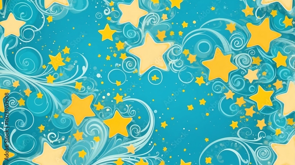 Fototapeta premium Cute aqua and yellow swirls with stars background