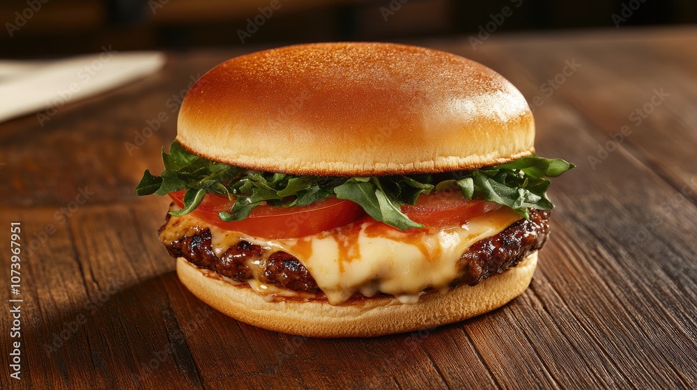 Gourmet Hamburger with Fresh Melted Cheese and Greens Gourmet Hamburger with Fresh Melted Cheese and Greens