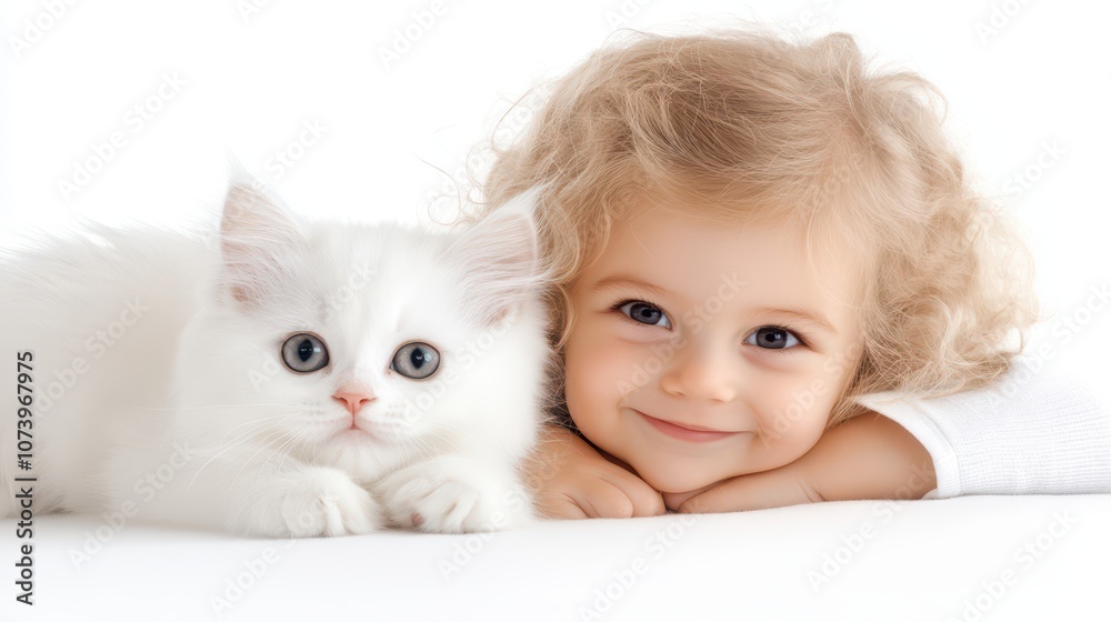 A playful white kitten rests beside a cheerful baby with curly blond hair and bright blue eyes indoors A playful white kitten rests beside a cheerful baby with curly blond hair and bright blue eyes indoors