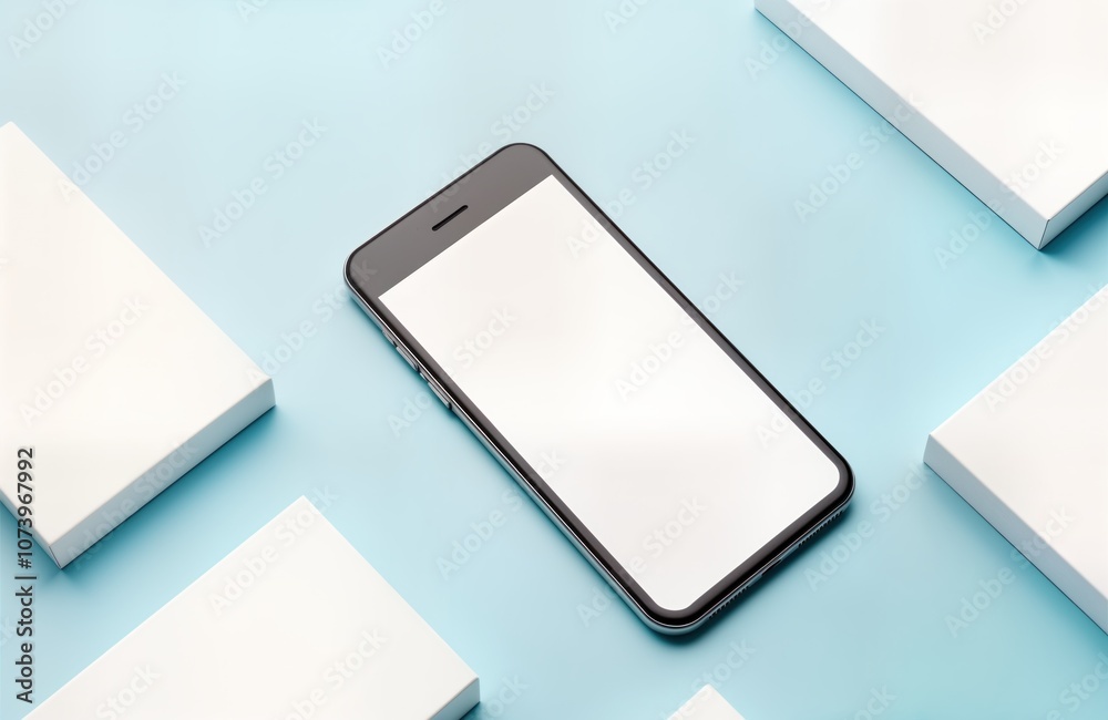 White blank cards, a modern smartphone on blue background. Mockup for branding. Corporate identity design. Mobile phone with white empty space for text or image. White blank cards, a modern smartphone on blue background. Mockup for branding. Corporate identity design. Mobile phone with white empty space for text or image.