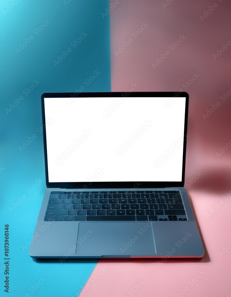 Laptop with white screen display mock-up, isolated on a soft blue and Pink Pastel Laptop with white screen display mock-up, isolated on a soft blue and Pink Pastel