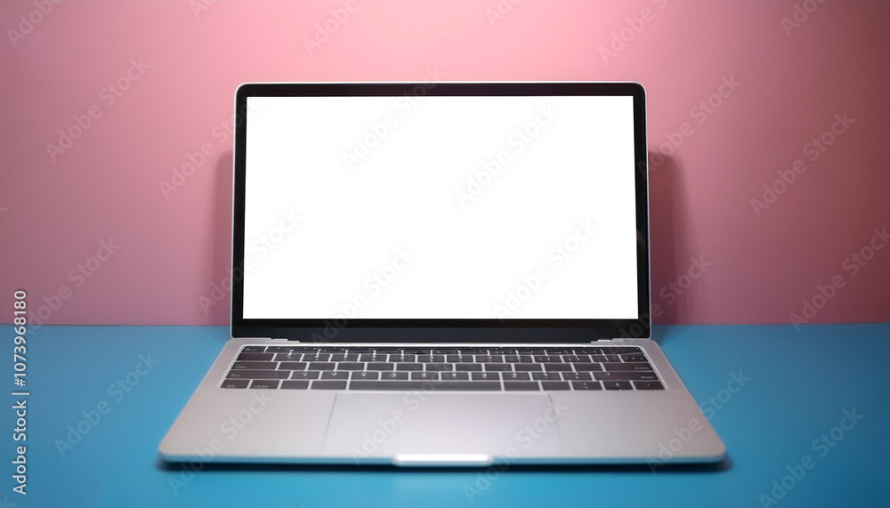 Laptop with white screen display mock-up, isolated on a soft blue and Pink Pastel Laptop with white screen display mock-up, isolated on a soft blue and Pink Pastel