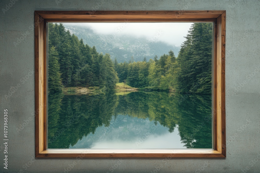 Fototapeta premium Bright morning light illuminates the reflection of a peaceful lakeside landscape framed by a rustic wooden window. Generative AI