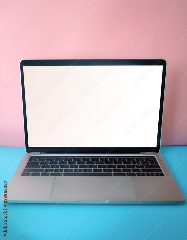 Laptop with white screen display mock-up, isolated on a soft blue and Pink Pastel Laptop with white screen display mock-up, isolated on a soft blue and Pink Pastel