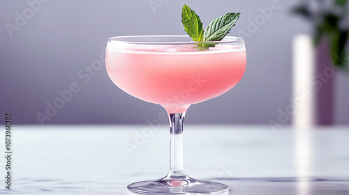 Refreshing pink cocktail with mint garnish on marble surface photo