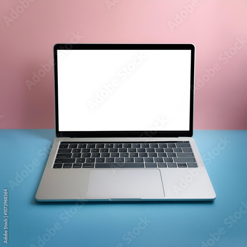 Laptop with white screen display mock-up, isolated on a soft blue and Pink Pastel