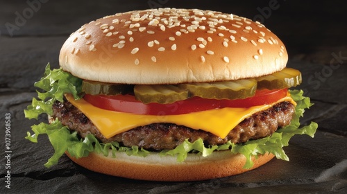 Juicy Cheeseburger with Fresh Lettuce and Tomato Layers