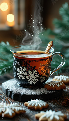 Christmas still life with a cup of coffee or tea and ginger cookies, , fir branch, Generative AI