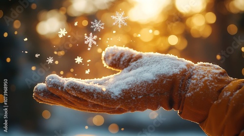 Gloved hand catching snowflakes.