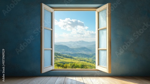 An open window frames a stunning view of hills and clouds, inviting a sense of tranquility and connection to nature. Generative AI