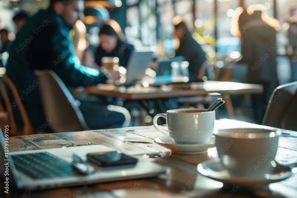 Casual Business Meeting in Coffee Shop Setting with Laptops and Coffee Casual Business Meeting in Coffee Shop Setting with Laptops and Coffee