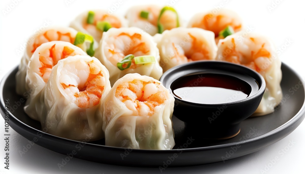 Shrimp dumplings served with soy sauce on a black plate, garnished with green onions. Shrimp dumplings served with soy sauce on a black plate, garnished with green onions.