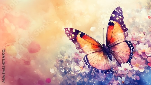 Enchanting Butterfly with Lively Watercolor Splatters in Background Image