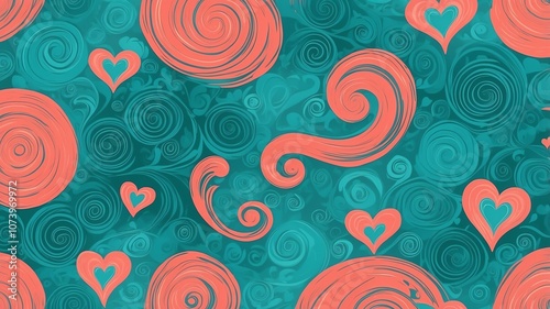 Cute teal and coral swirls with hearts background