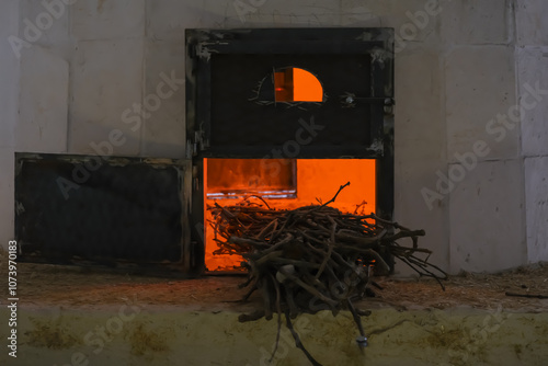 close-up of a wood-burning stove typical of rural areas. photo