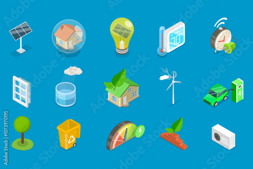 3D Isometric Flat Vector Illustration of House Energy Efficiency, Sustainable Home Improvements