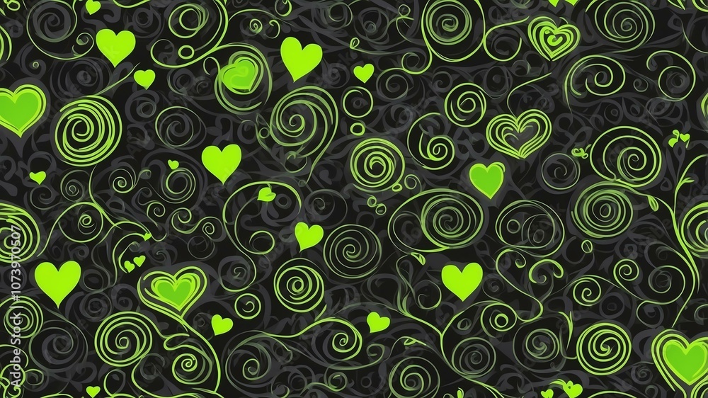 Cute charcoal and neon green swirls with hearts background Cute charcoal and neon green swirls with hearts background